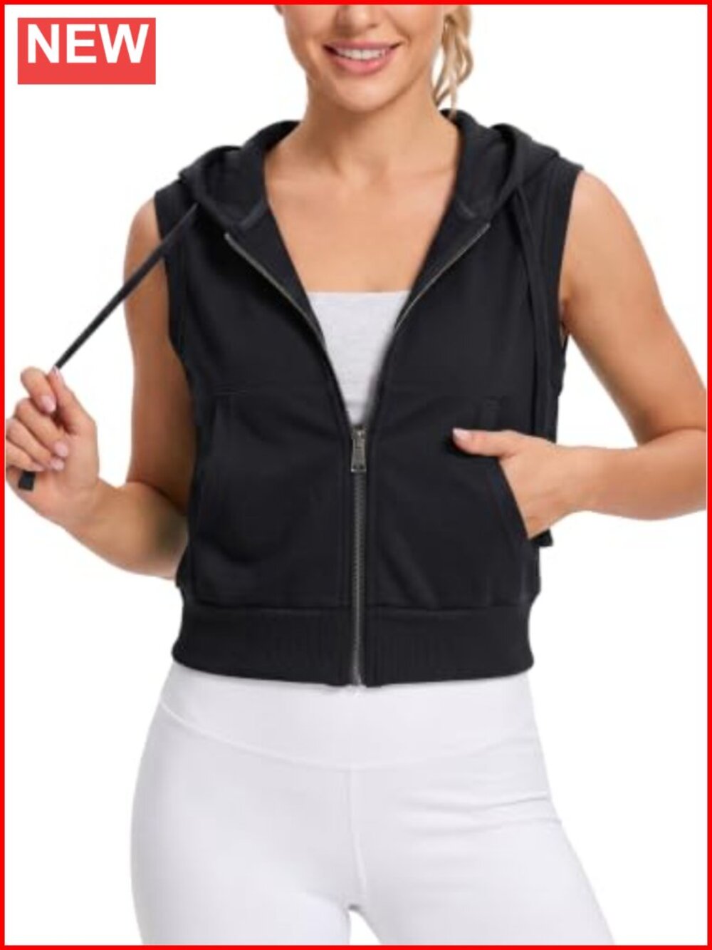 Womens Cropped Sleeveless Full Zip Hoodie Vest with Pockets